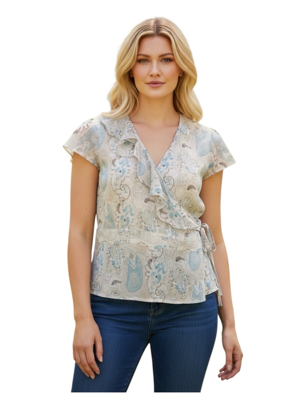 Lane Bryant Plus Size 18/20 Paisley Wrap Blouse in Light Blue & Cream
